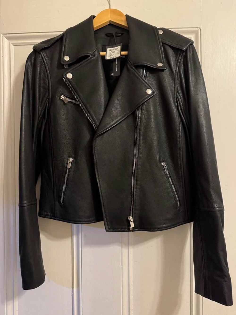 Club Monaco Black Leather Moto Jacket with Silver Hardware